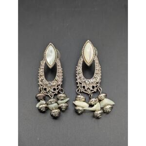 Vintage Art Deco Chandelier Silver Tone Opalescence White Earrings UV Activated